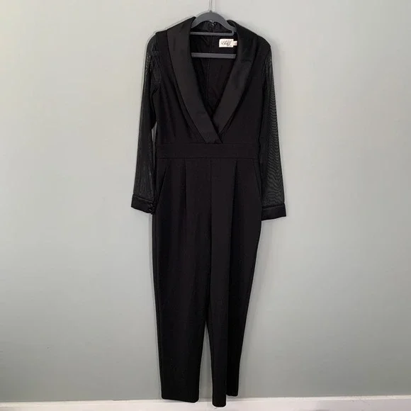 Eliza J Black Tuxedo Jumpsuit Sheer Mesh Long Sleeve Shawl Collar Womens 8 - Picture 2 of 11